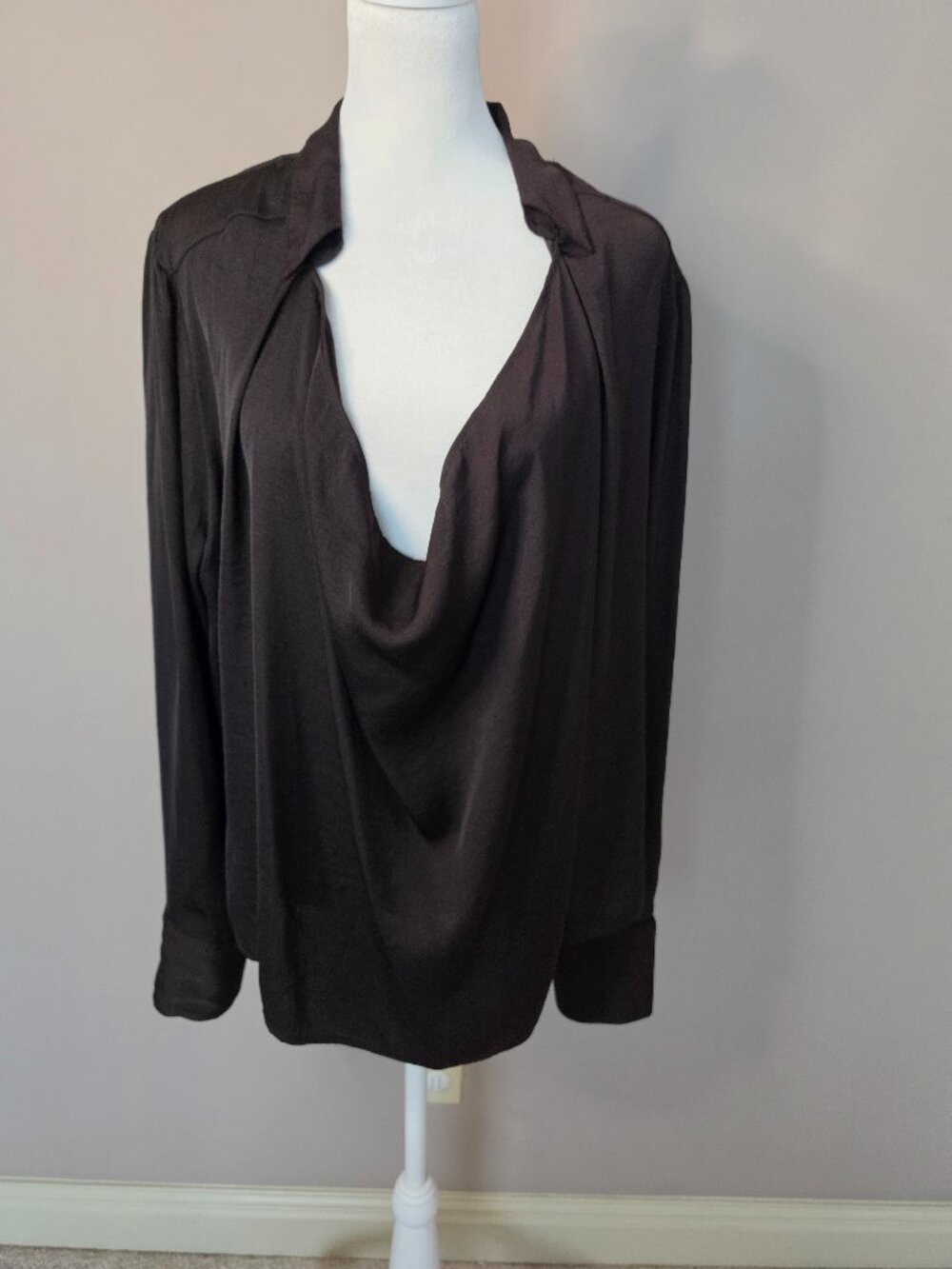 Free People Chocolate Brown Draped Cowl Neck Long Sleeve Blouse Size Large
